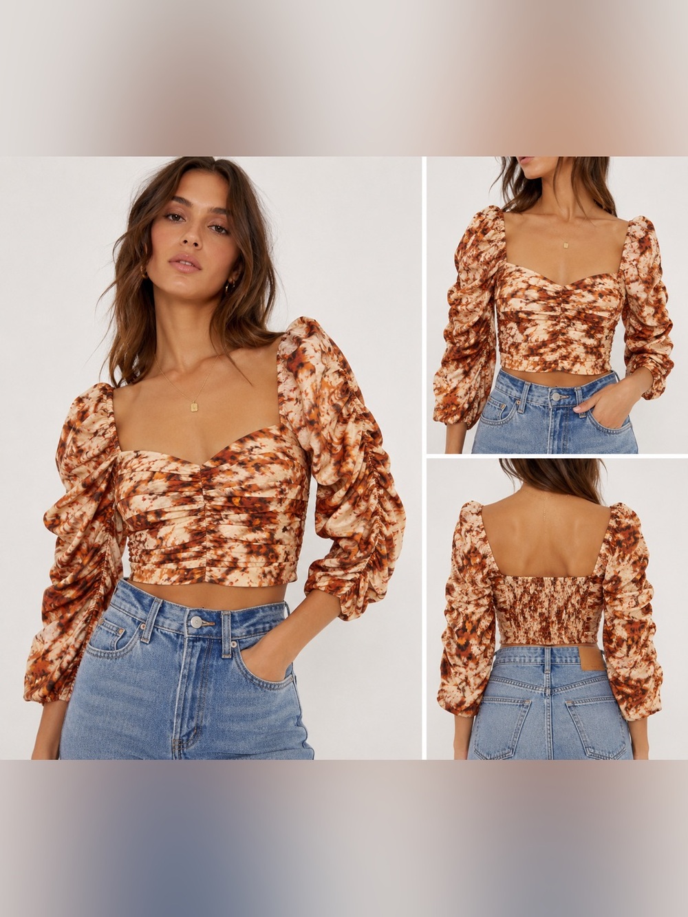 Zara Ruched Puff Sleeve Crop Top Abstract Orange Brown Print Sweetheart Neck XS